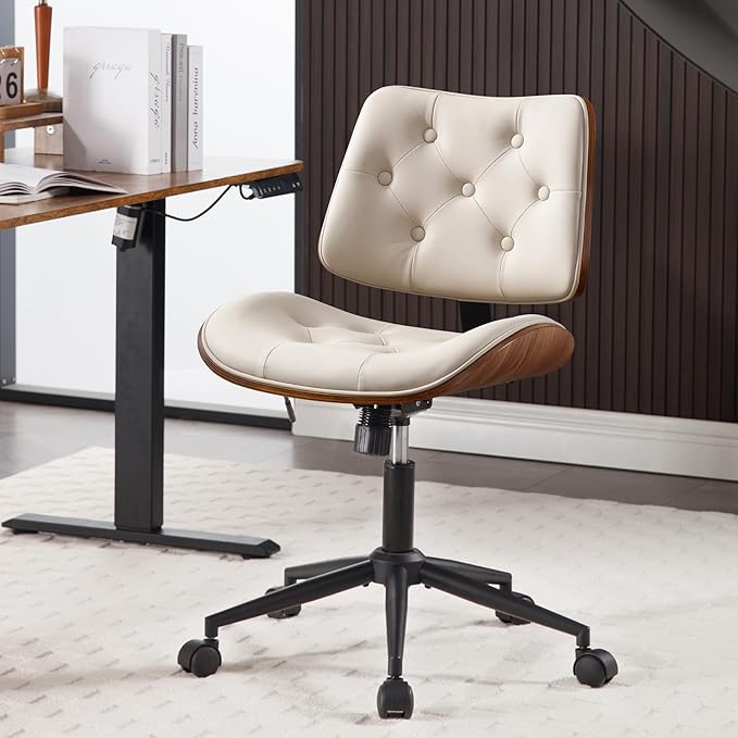 Armless Home Office Chair with Wheels, PU Leather Adjustable Height Computer