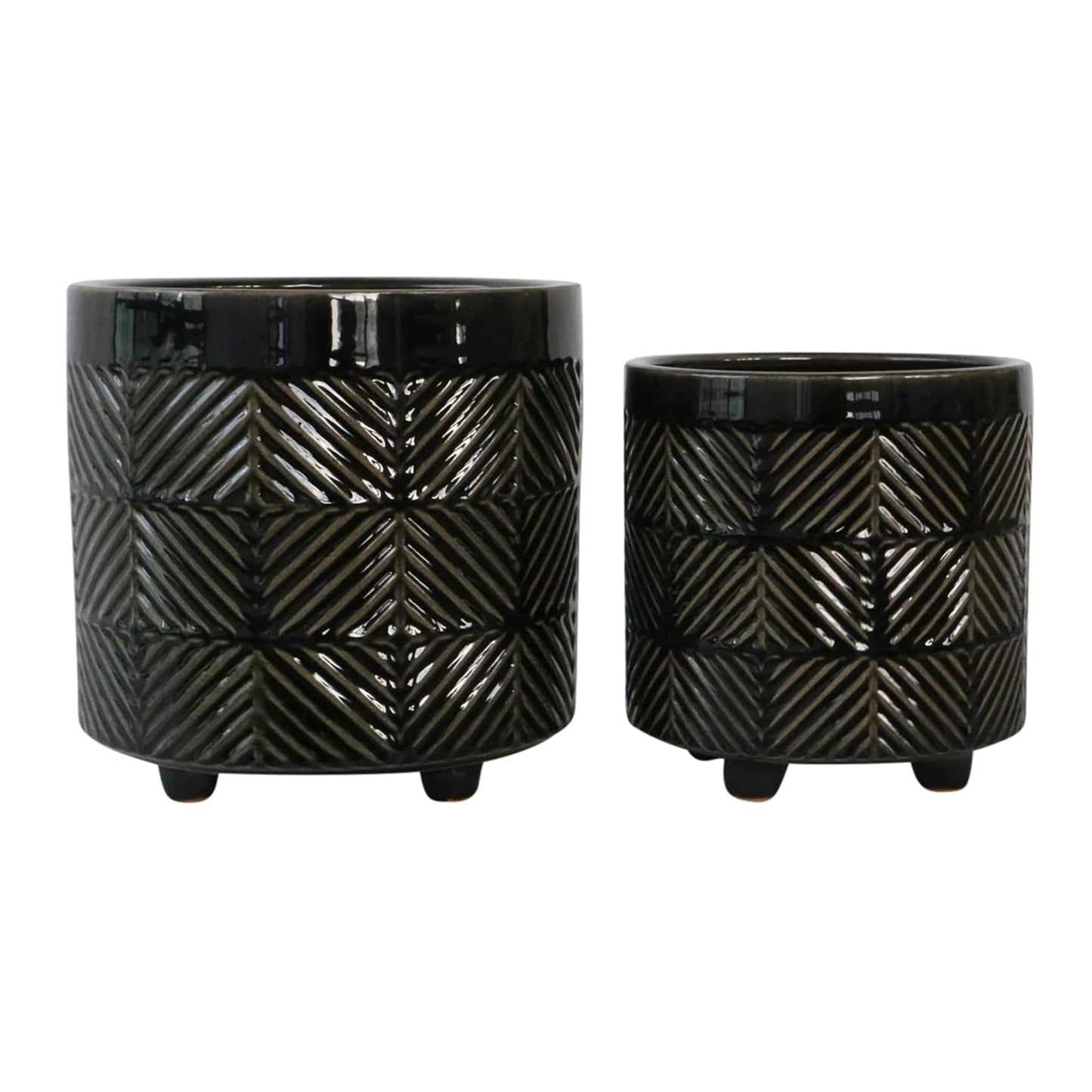 Set of 2 Ceramic Decorative Footed Planter Pot – Outdoor & Indoor Plant Pot with Embossed Textured Finish – Elegant and Modern Garden & Home Decor Ceramic Planters – 7" & 8", Black