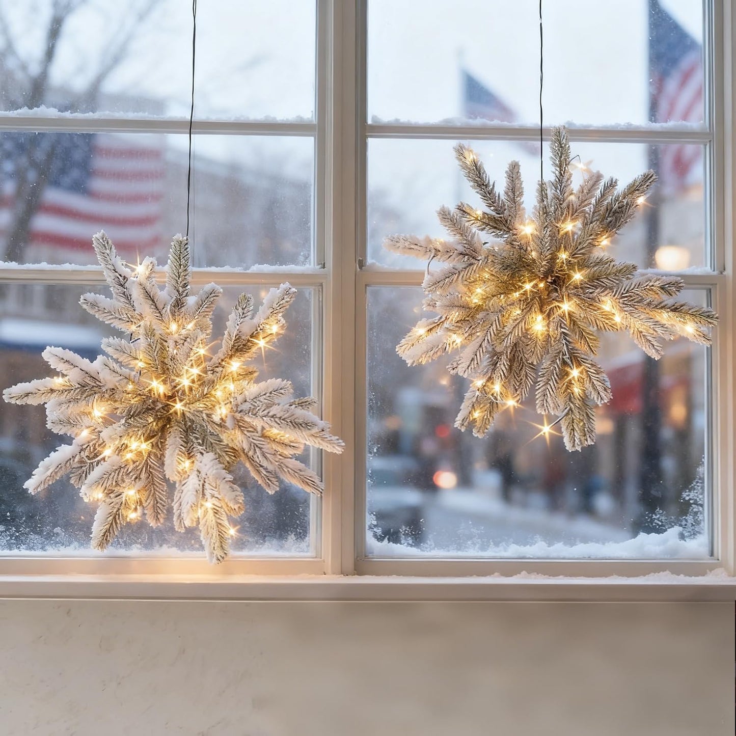 Hairui Lighted Pine Snowflake Lights with Timer Battery Operated and USB Plug in 2 Pack, Pine Branch with Lights 16IN 60 LED for Wall Window Door Christmas Decoration Indoor Outdoor