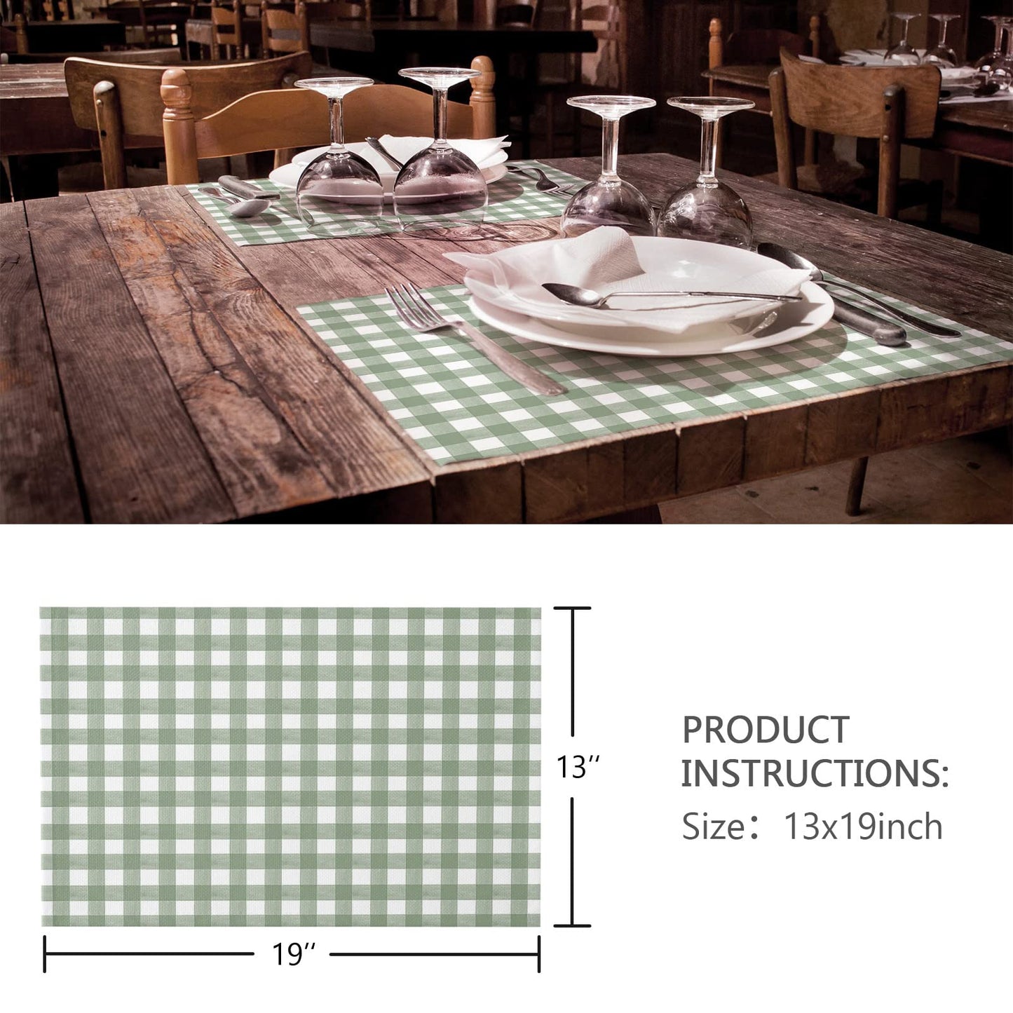Placemats Set of 4, Sage Green Buffalo Plaid Placemats for Dining Table, Farmhouse Green White Checkered Cotton and Linen Table Mats Washable for Kitchen, Party, Wedding Decor, 13 x 19 Inches