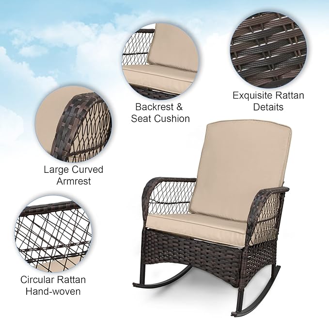 LEVELEVE 3 pcs Rocking Bistro Set Conversation Chairs PE Wicker Outdoor Rocking