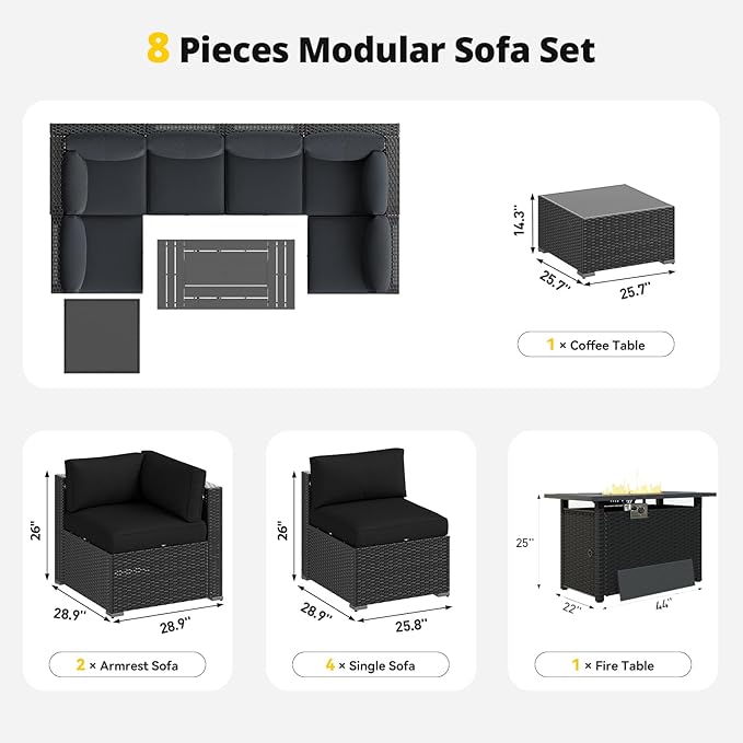 Aoxun Patio Furniture Set with Fire Pit Table, 8 Piece Outdoor Sectional Sofas