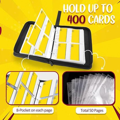 Binder 4 Pocket, Collectible Trading Card Album Fits 400 Cards, 50 Removable Sleeves, Portable Collection Holder, Game Case Book With Zipper for Gifts, Yellow