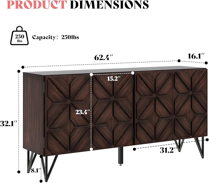 AMERLIFE 63” Solid Acacia Wood Sideboard Buffet Cabinet, Hand-Carved Geometric