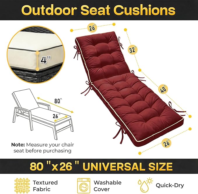 2 Pack 80x26 Inch Folding Chaise Lounge Cushion Quick Dry
