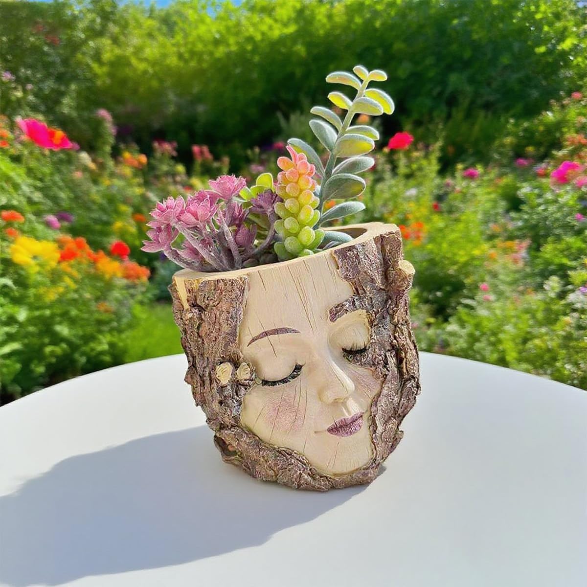 QIYUNI Handmade Resin Face Stump Girl Succulent Planter Pastoral Healing Courtyard Balcony Ornament Indoor Outdoor Decor Gift