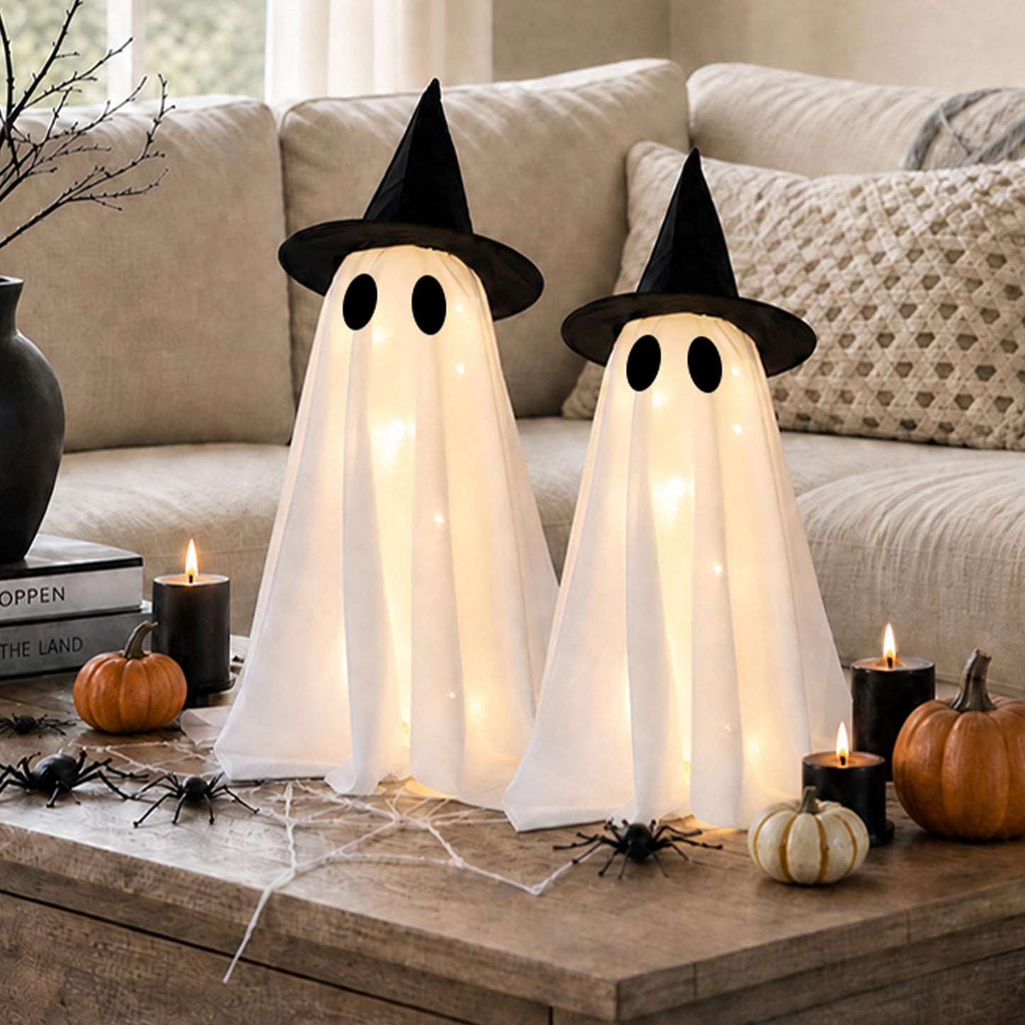 Halloween Decorations-Set of 2 Light-Up Ghosts with Witch Hats, Ghost Table Centerpiece-Spooky Tabletop Decor for Mantel Dining Table Party Indoor Home