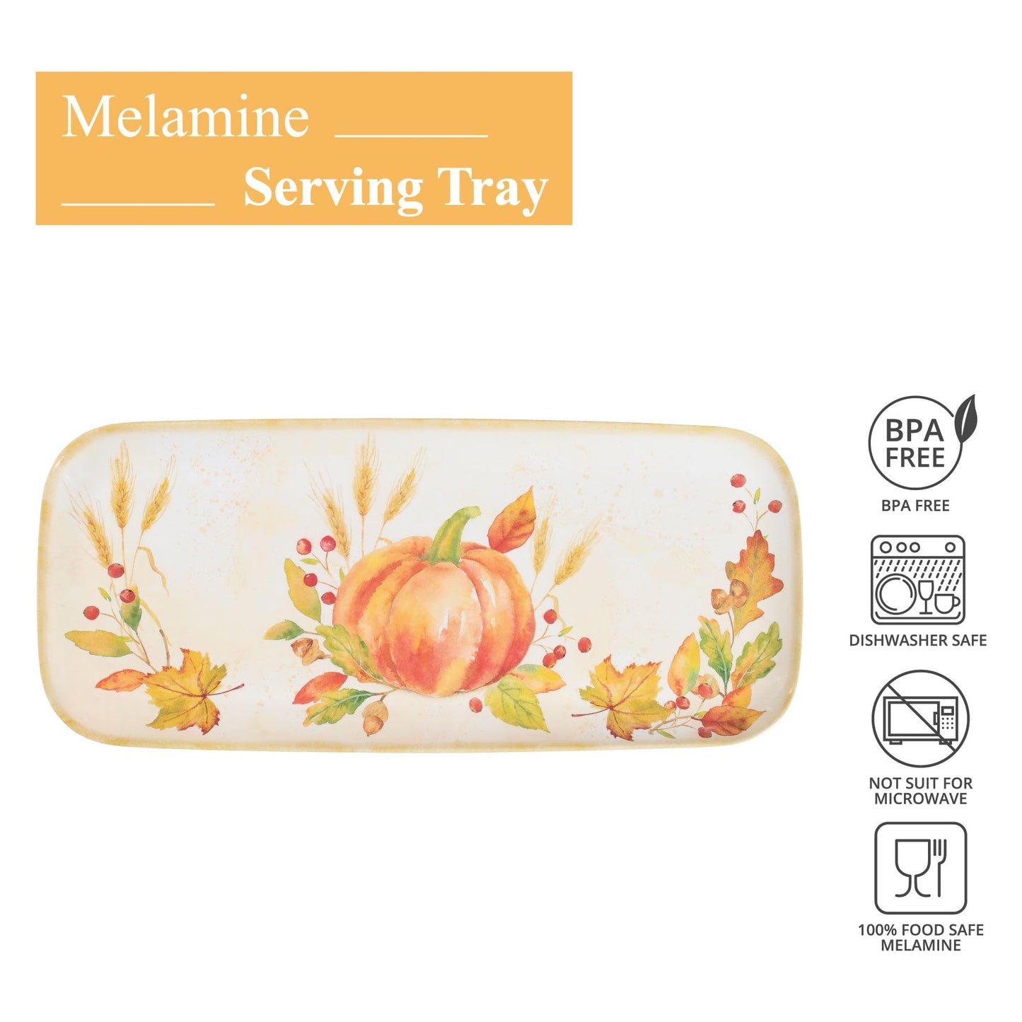 UPware Harvest Pumpkin Melamine Serving Tray, 15 x 6.5 Inch Rectangular Serving Platter, BPA Free Food Tray for Party Entertaining