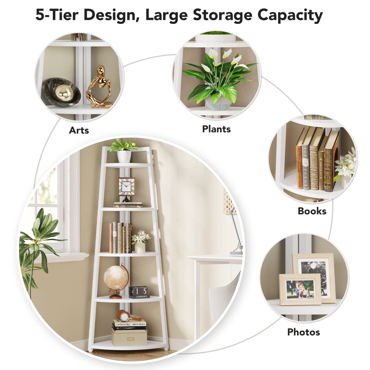 Tribesigns 70 inch Tall Corner Shelf, 5 Tier Modern Corner Bookshelf Bookcase Industrial Corner Ladder Shelf Plant Stand for Living Room, Kitchen, Home Office (White)