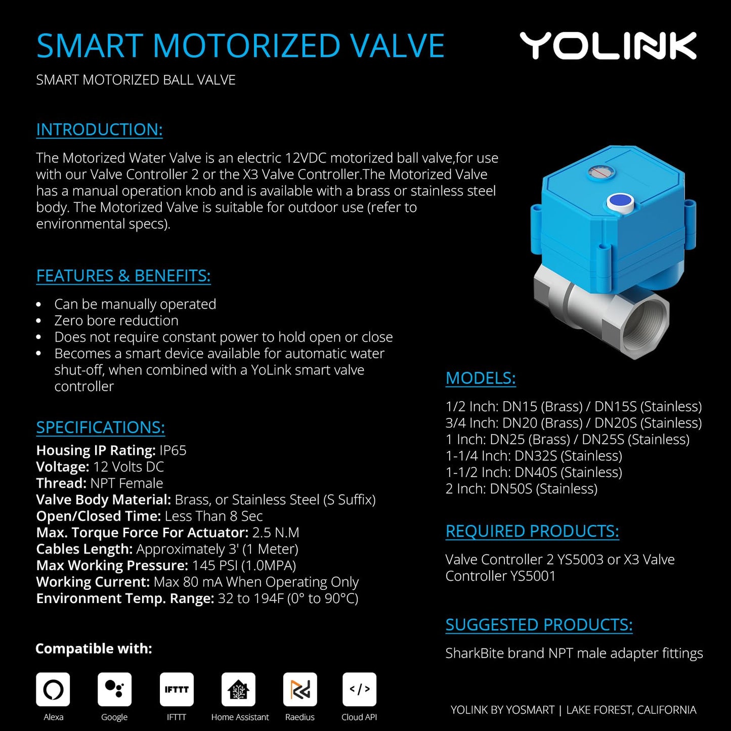 YoLink Wireless Smart Valve Control Kit, NSF Certified 1/2" Stainless Steel Motorized Valve, Wireless Controller 2, LoRa Long Range, D2D Offline with Leak Sensors, 2 Years Battery backup