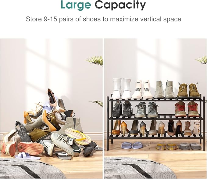 viewcare 3-Tier Long Black Shoe Rack, Bamboo Wood Shoe Rack