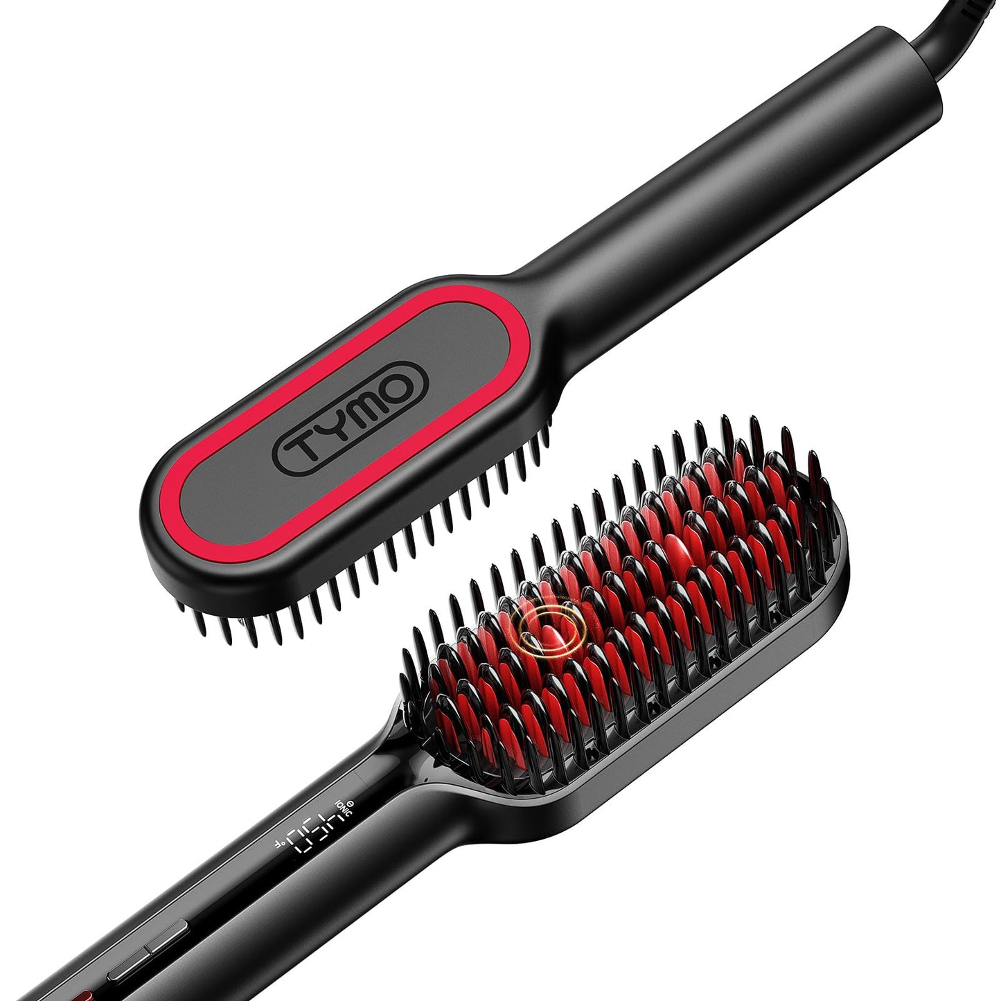 TYMO Hair Straightener Brush - Upgraded Ionic Compact Straightening Brush for Women with Wave-Design Bristles, Fast, Smooth Styling, Lightweight Hot Comb & Travel Flat Iron, 1 Billion Ions, Black