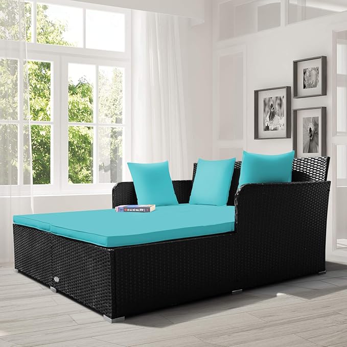 COSTWAY Outdoor Patio Rattan Daybed, Sponge Cushioned Loveseat Sofa