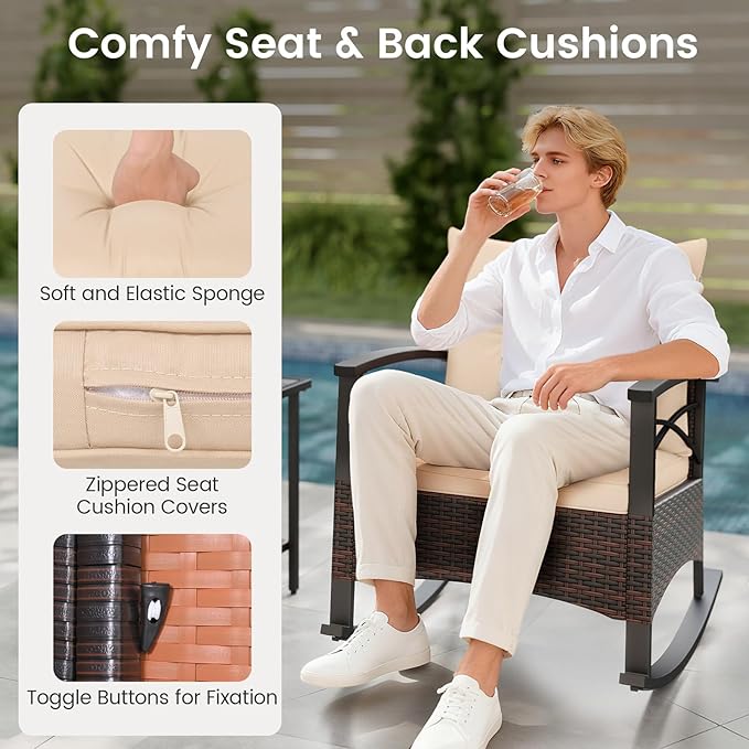 Tangkula 3 Pieces Outdoor Rocking Chairs Set, Rattan Heavy Duty Cushioned