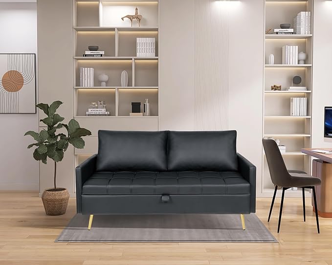 LINLUX Black Leather 60" W Couch