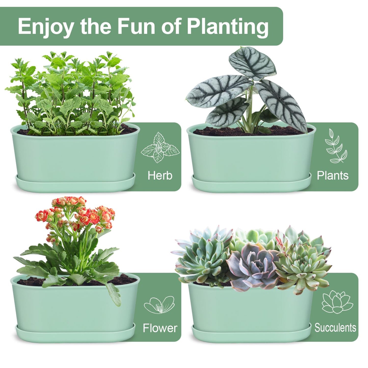 Oliz Set of 4 Green Oval Window Sill Planters with Drainage Holes and Trays（7 Inch） for Herbs Basil Orchids Succulents, Modern Herb Garden Planter for Indoor/Outdoor Plants