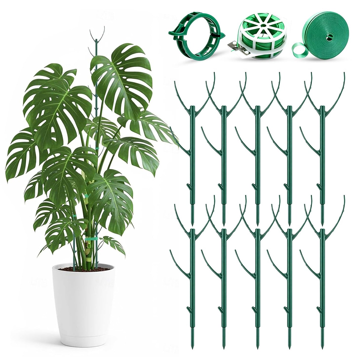 10 Pack Stackable Monstera Plant Support Stakes, Adjustable Climbing Plant Poles for Indoor Outdoor Plants, Durable Green Garden Stakes with Clips and Tape for Pothos, Philodendron, Vines