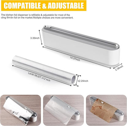 Aluminum Foil & Plastic Wrap Dispenser with Slide Cutter - Magnetic & No-Drill Wall Mount, Cling Film Dispenser for Worktops & Cabinets, Space-Saving Kitchen Organizer - Fits 12" Rolls, White