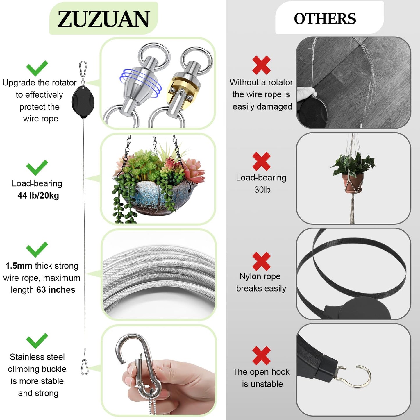 ZUZUAN 2Pcs Upgraded Heavy Duty Retractable Plant Hanger,Plant Pulleys for Hanging Plants,Easy to Raise and Lower,Auto Lock,Adjustable Hook for Garden Baskets Pots,Birds Feeder and Wind Chime,Black