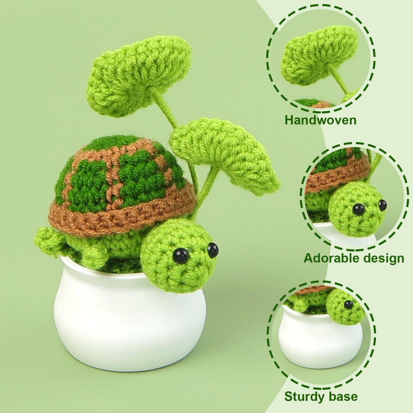Joygoodta Crochet Turtle in Pot, 4.7in Adorable Crochet Plants Decor, Cute Green Turtle Planter with Leaf, Unique Home Desk Decoration for Plant & Animal Lovers