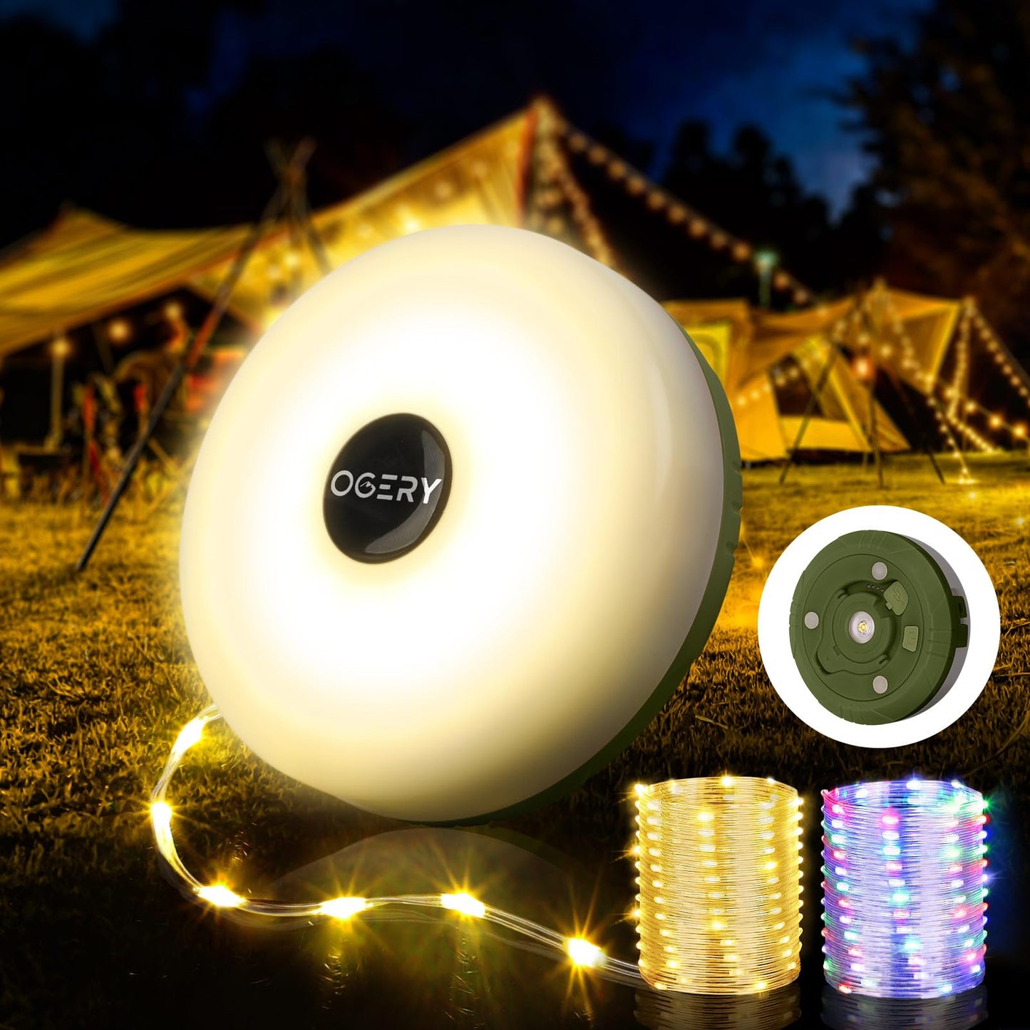 OGERY Camping String Lights, 4 in 1 Quick Storage 32.8FT Rechargeable Tent Lights String with 8 Lighting Modes, Hanging Waterproof Portable LED Lamp for Outdoor Patio Awning Garden Party Essentials