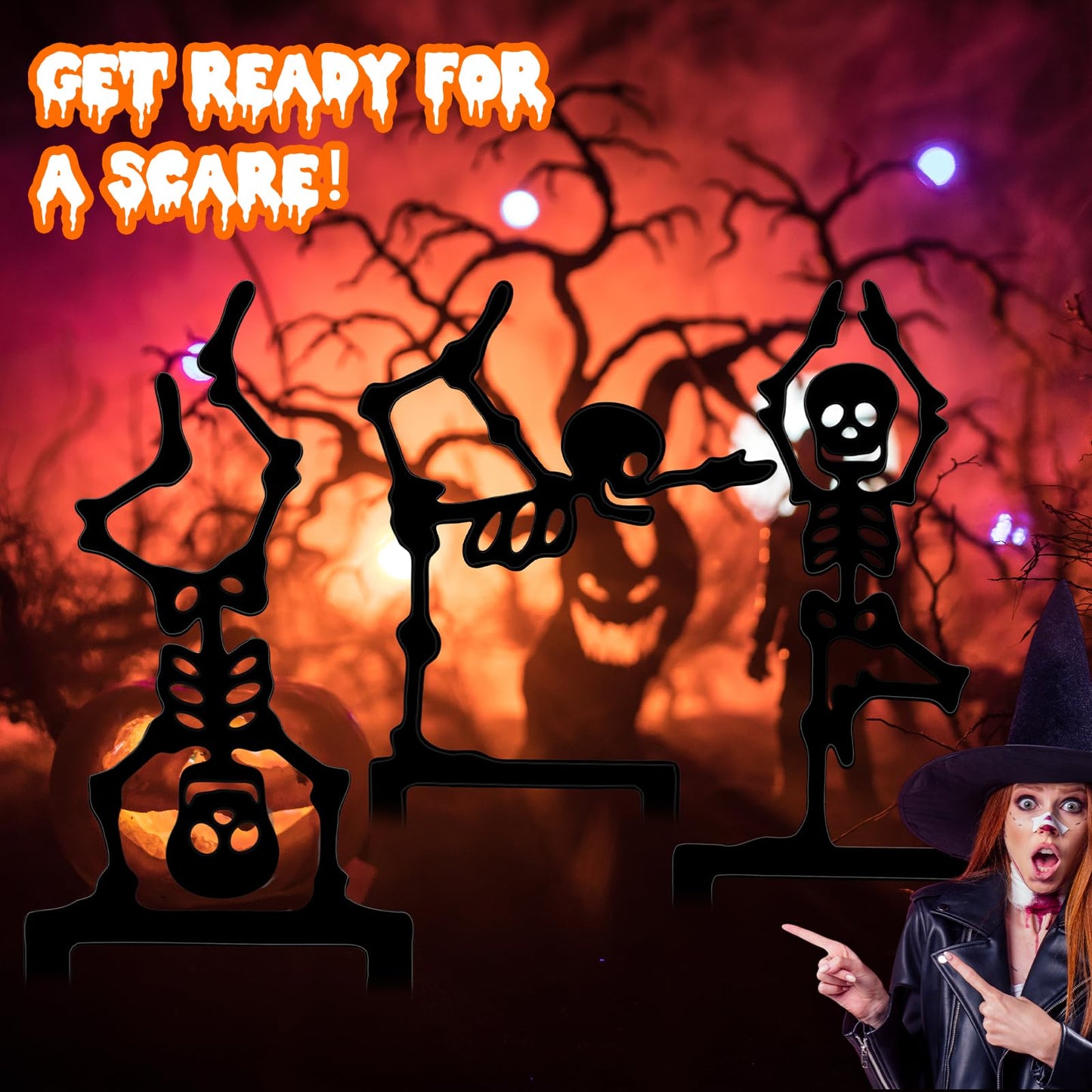Moxweyeni 6 Pack Halloween Yard Stake 11.8" Metal Skeleton Garden Stakes Black Halloween Yard Signs Gothic Scary Decorations for Outdoor Garden Lawn Path