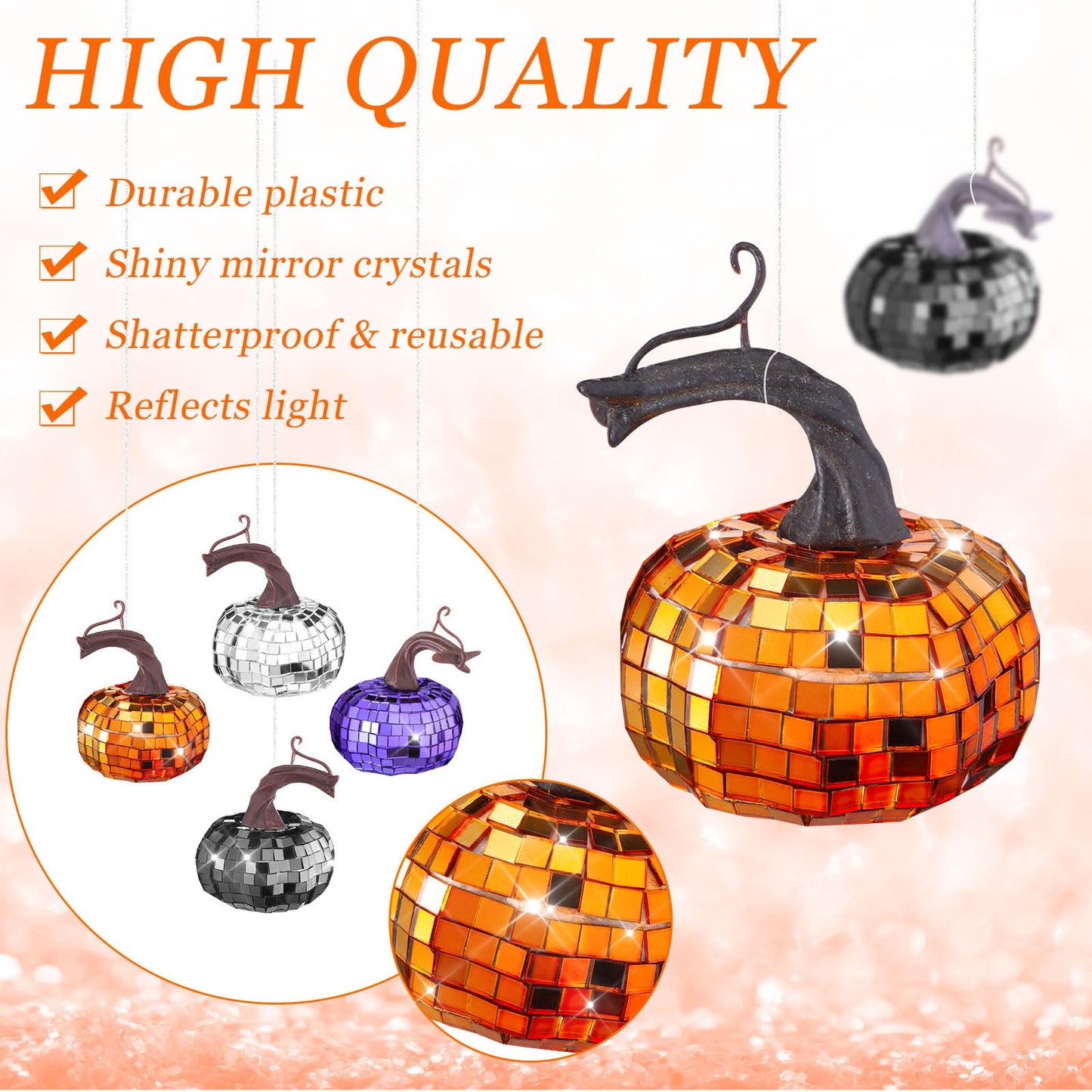 Silipull 24 Pcs Artificial Disco Pumpkin Glitter Mirror Pumpkin Fall Hanging Mini Pumpkins Ornaments for Autumn Halloween Thanksgiving Decoration Table Centerpiece(Black, Silver, Orange, Purple)