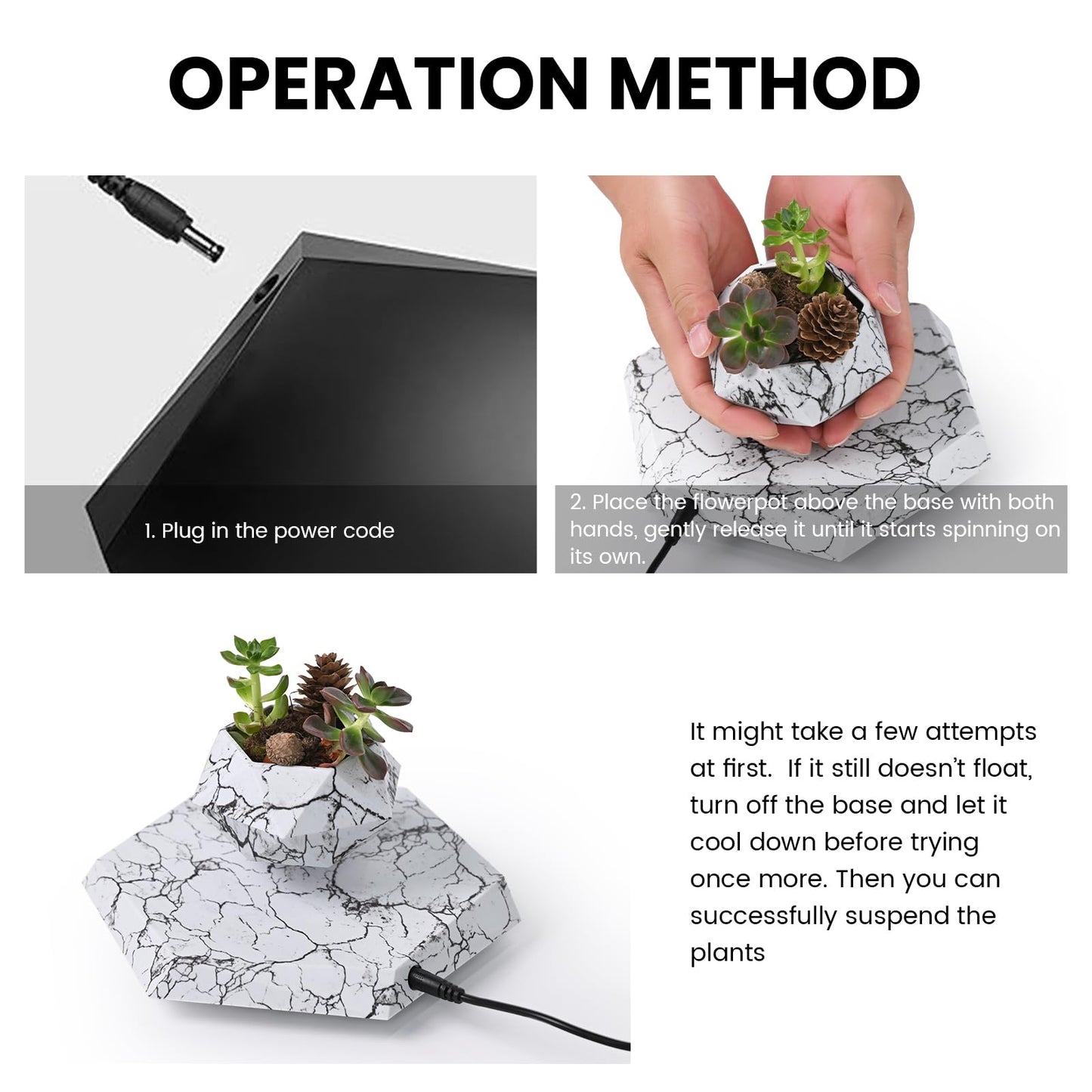 Leekimid Levitating Plant Pot, Magnetic Levitation Flower Pot Suspension Floating Plant Succulents, Air Bonsai Potted Plant for Home Decoration, Living Room, Office, Desk (Marble)
