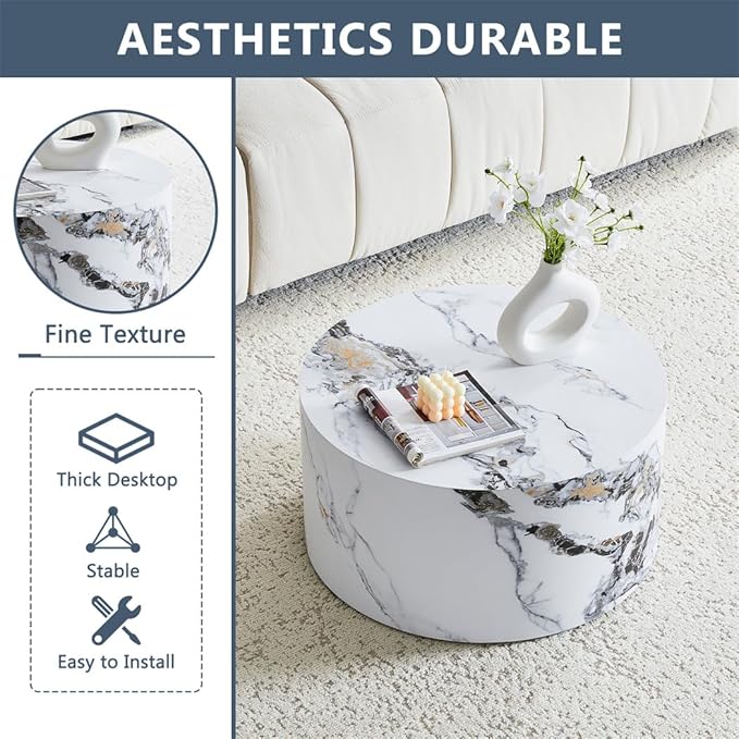 Round Coffee Table Living Room Table, Modern White Faux Marble Center Couch