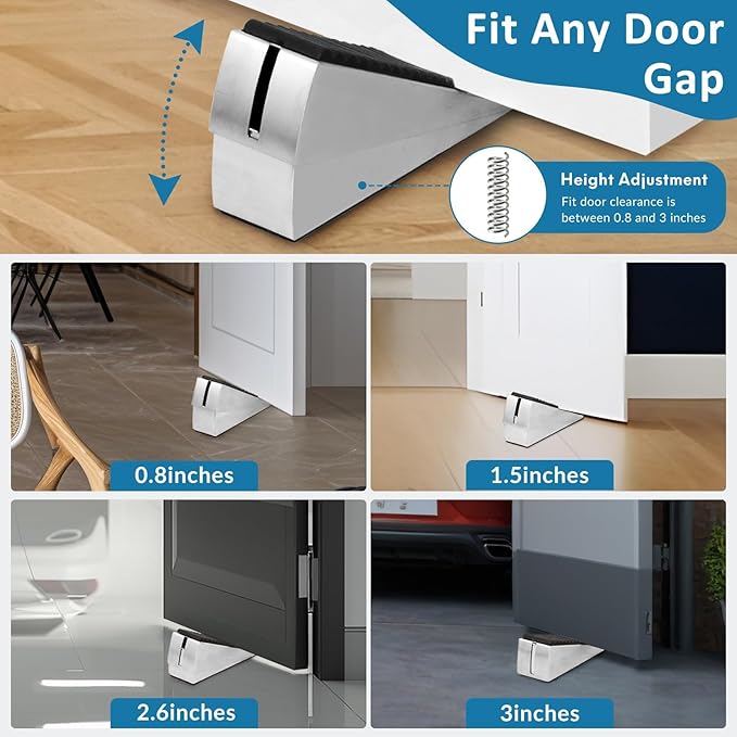 Optish Heavy Duty Door Stopper, Adjustable Spring Large Stopper, 3 Inches High Tall Wedge Stoppers for Bottom of Door, Door Stop Suits Wood, Carpet, Tiles, Home, Heavy Door, Silver