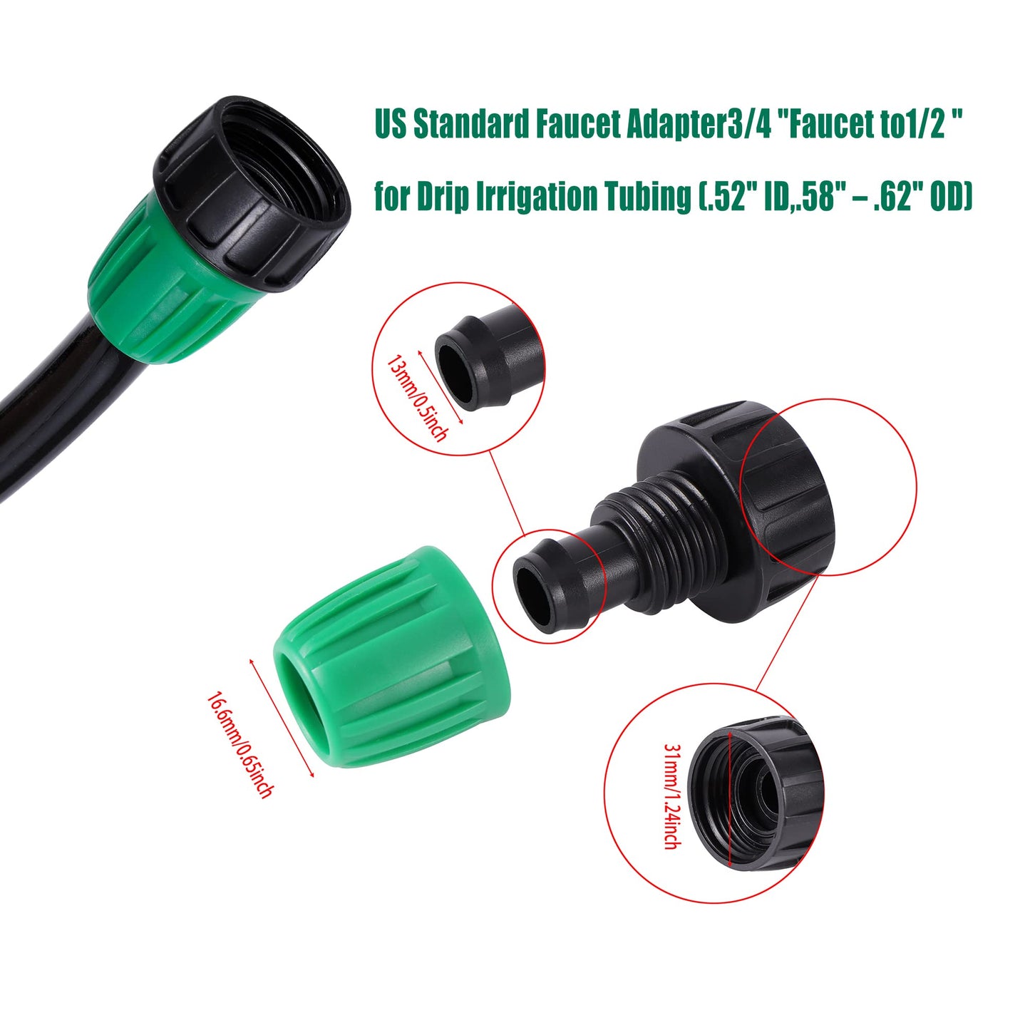 33 FT 1/2 Inch Drip Irrigation Tubing Main Line Hose Tube 1/2''PVC Garden Irrigation Tubing (OD:16mm,ID:12mm) with Drip Connector (Ends Plug,Hose Adapter) for Garden Drip Irrigation System