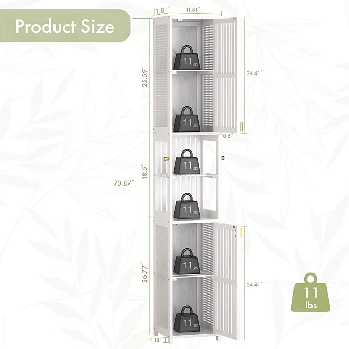 Amazer White Bathroom Storage Cabinet 70'', Bamboo Slim Storage Cabinet