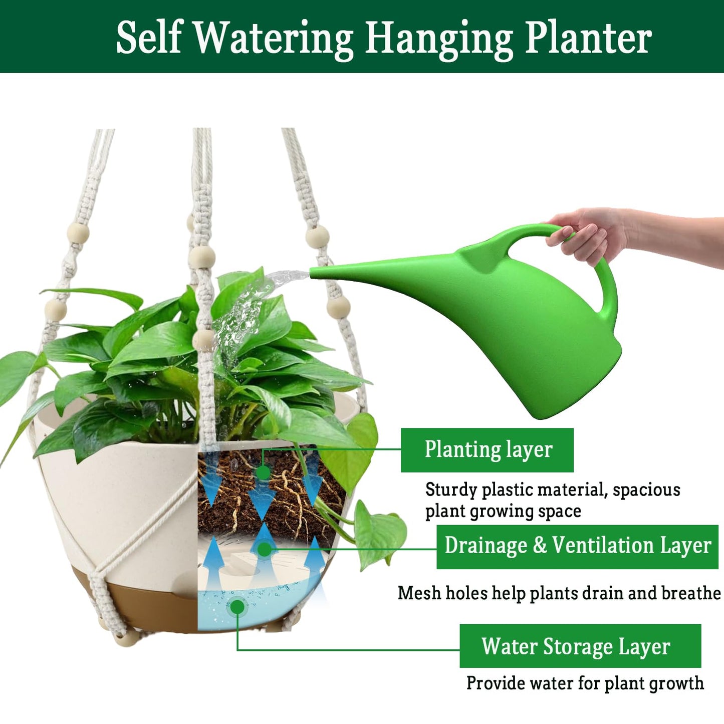 Koalaime Hanging Planters for Indoor Plants, 2 Pack 10 Inch Self Watering Pots with Macrame Plant Hanger, Hanging Baskets Holder for Outdoor Garden Home Ceiling Window Decor