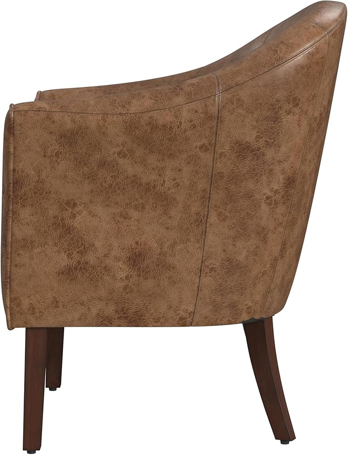 HomePop Modern Barrel Accent Chair, Distressed Brown Faux Leather