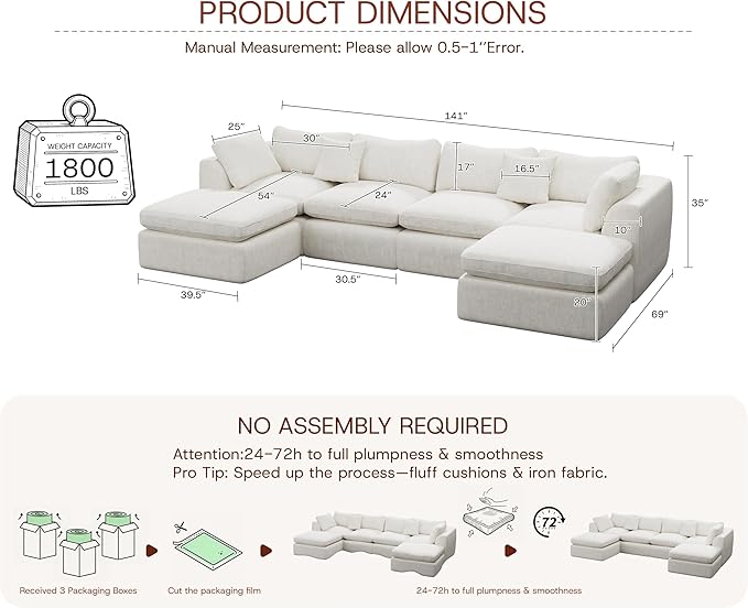GRUSIGN 141'' Oversized Boneless Cloud Couch