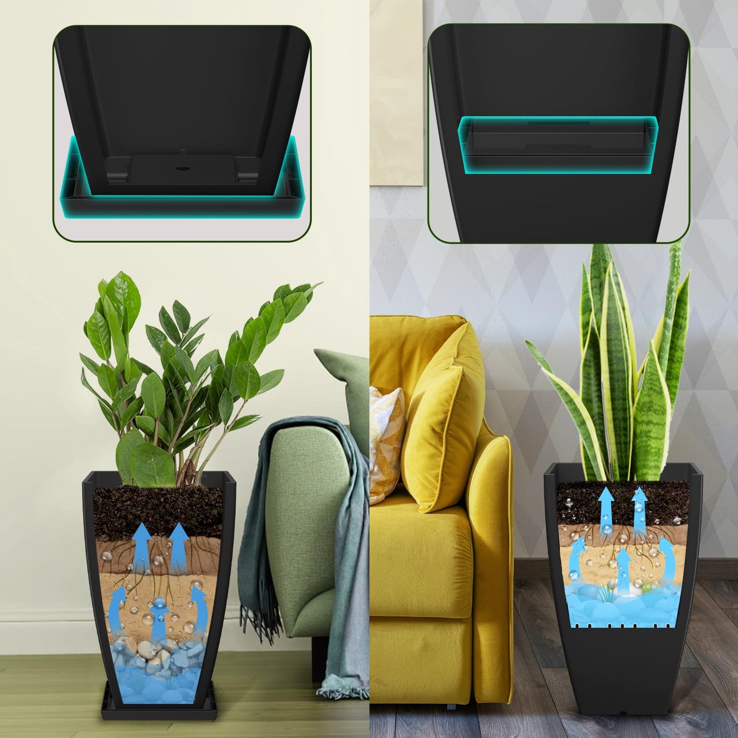 FIASON 21" Tall Outdoor Planters Set of 2,Front Porch Planter Pots with Drainage Design Holes for Patio, Porch, Garden, Indoor,Black