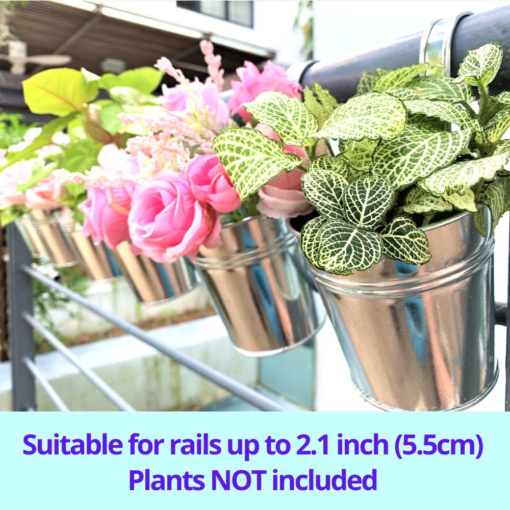 LaLaGreen Fence Planters for Outdoor Plants (10 Pack, 4 Inch) Balcony Planter Railing Hanging, Small Silver Metal Flower Pot Rail Wall Cute Farmhouse Garden Rustic Deck Porch Window Box Bucket Decor
