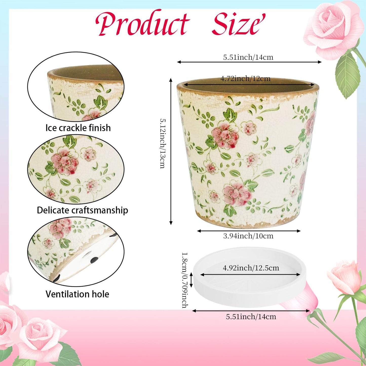 ENIPEDITA 1 Pcs Farmhouse Ceramic Planter with Drainage Hole 5.5 Inch Crack Beige Red Rose Flowers Plant Pots Rustic Antique Decor Gift Large Plants Pot for Kitchen Indoor