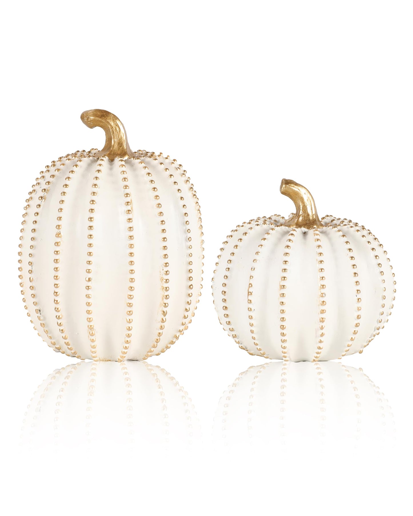GoGnome Set of 2 White & Gold Decorative Pumpkins – Resin Fall Harvest Table Centerpiece, Elegant Autumn Décor for Thanksgiving Decoration Farmhouse Home (White)