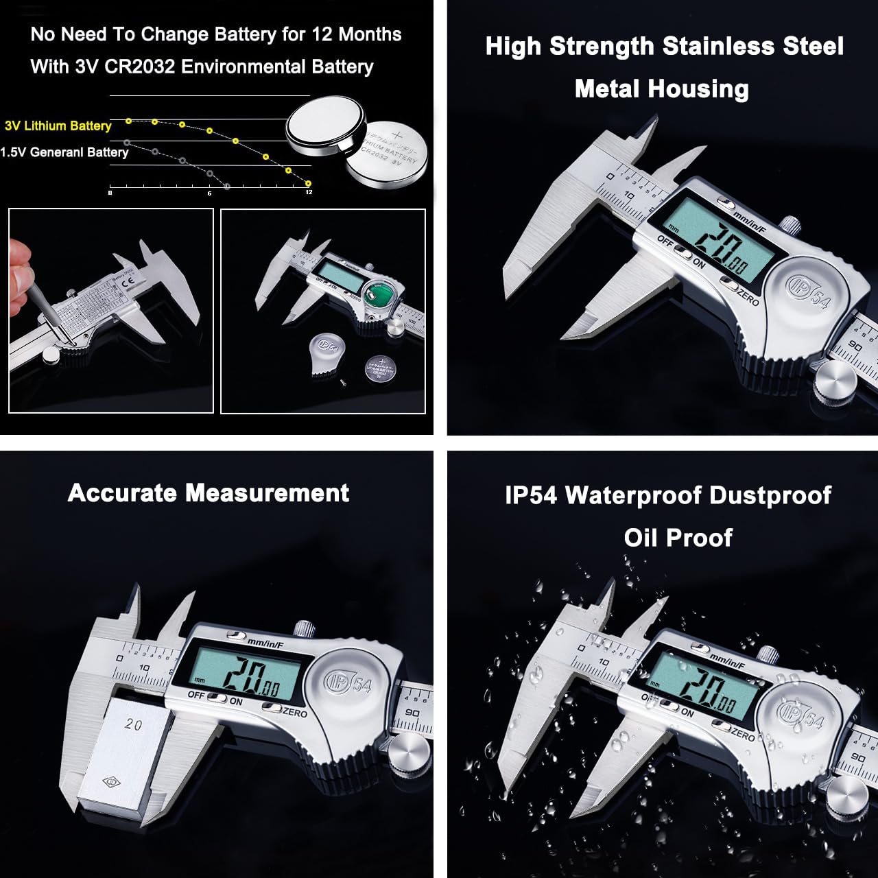 Kynup Digital Caliper, Caliper Measuring Tool Outside Micrometer, Vernier Dial Caliper Stainless Steel, IP54 Splash Proof Protection, Inch Metric Fraction Conversion, Large LCD Screen (6Inch/150mm)