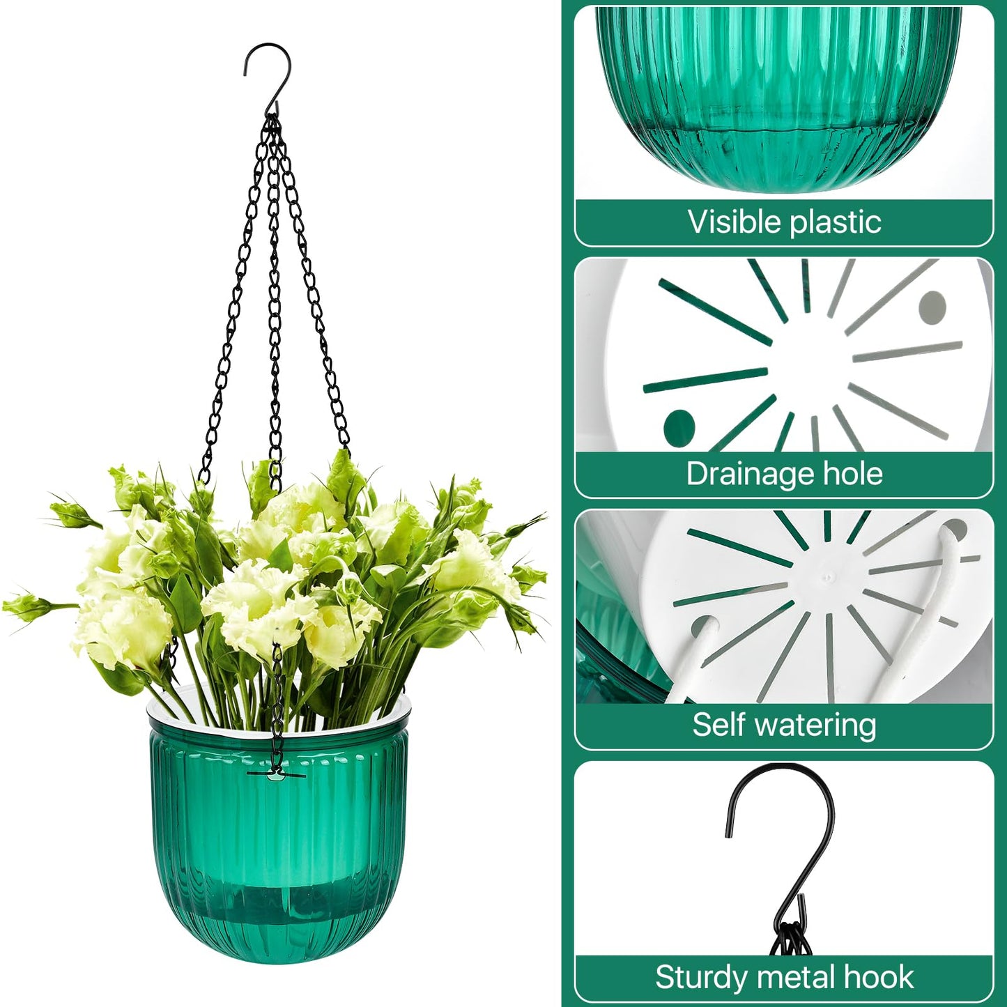 Boocalny 4Pcs Self Watering Hanging Planter, 6.5'' 4.5'' Hanging Plant Pots with Drainage Holes,Plastic Hanging Plant Flower Pots Baskets,Visible Hanging Planters for Indoor Plant Garden Home(Emerald)