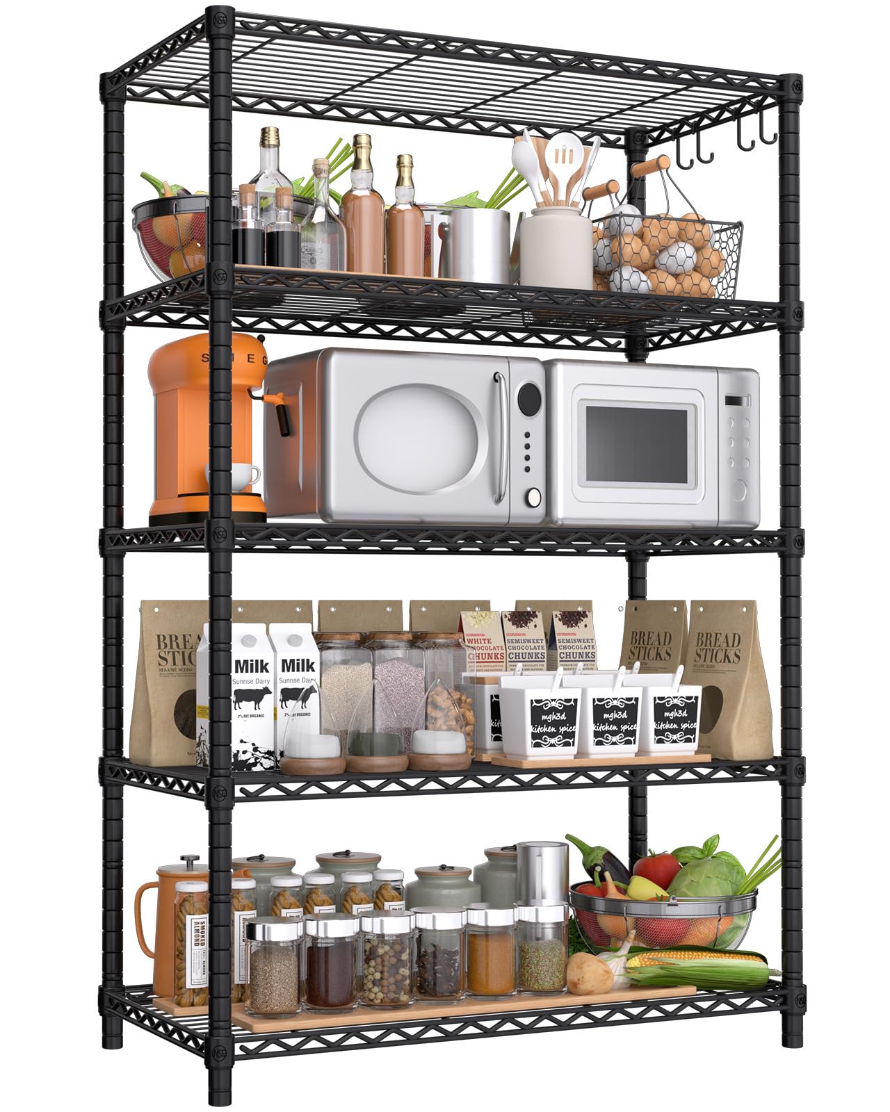 PrimeZone Wire Metal Storage Shelves - 5 Tier Adjustable NSF-Certified Heavy Duty Garage Shelving Unit Organizer Rack, Steel Utility Shelf for Kitchen, Pantry, Closet, 35.5" W x 14" D x 72" H, Black