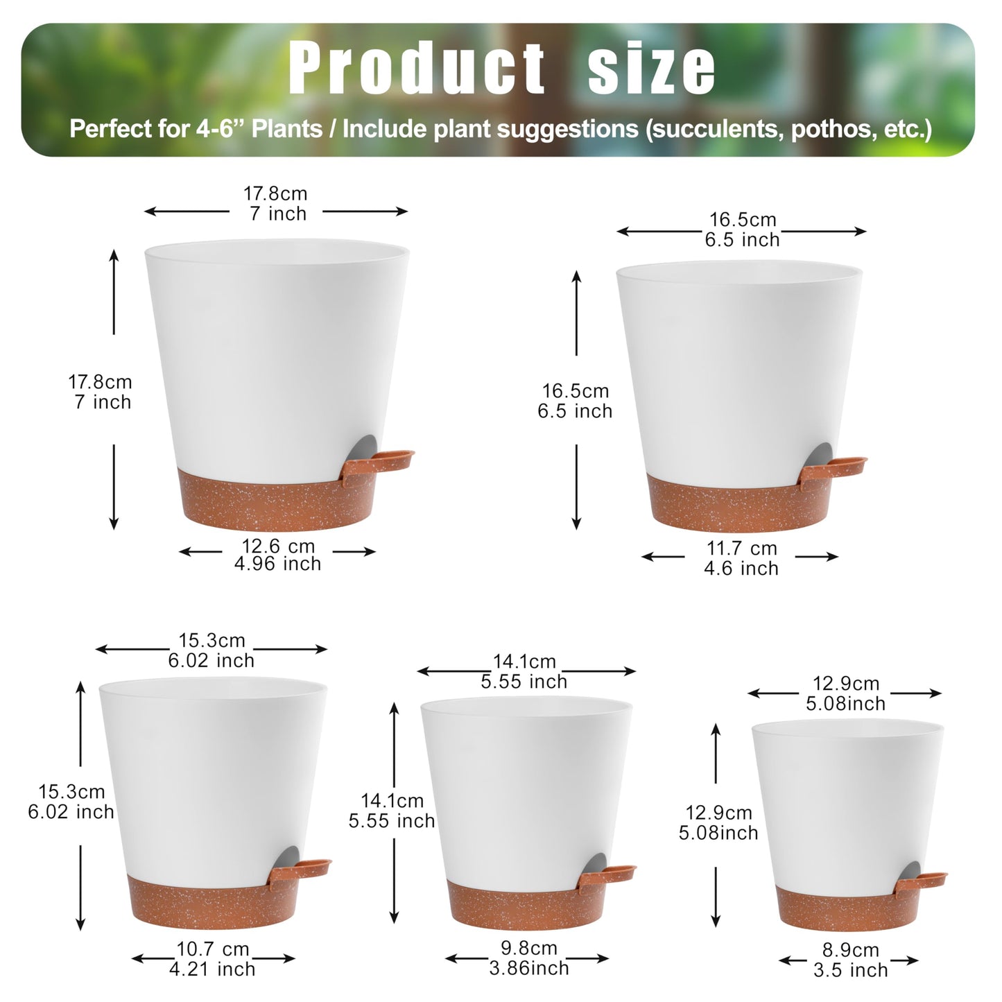 Self-Watering Plant Pots Set of 5 - 7", 6.5", 6.02", 5.55", 5.08" Draining Pots for Indoor and Outdoor plants with Drainage Holes, Soil Moisture Indicator & Saucer Reservoir - Modern White Design