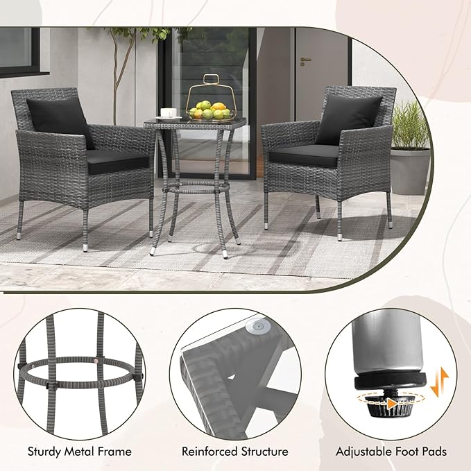 Tangkula 3-Piece Patio Furniture Set, PE Wicker Conversation Bistro Set w/A