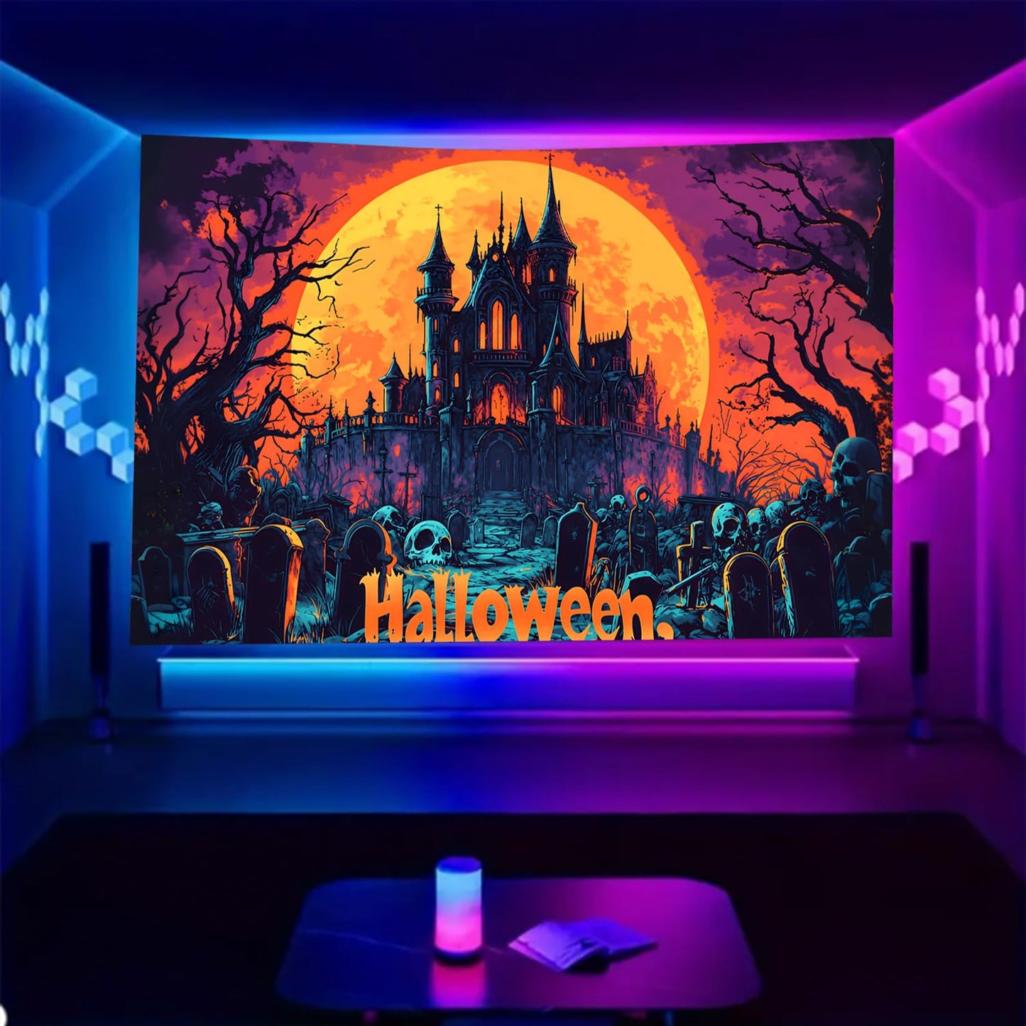 BSFHH Black Light Tapestry – UV Reactive Glow in the Dark Wall Hanging, Spooky Night Scene with Ghosts & Pumpkins, Haunting Home Decor for Parties, Bedroom, or Dorm (GHOST TOWN, 90L x 70W, Unframed)