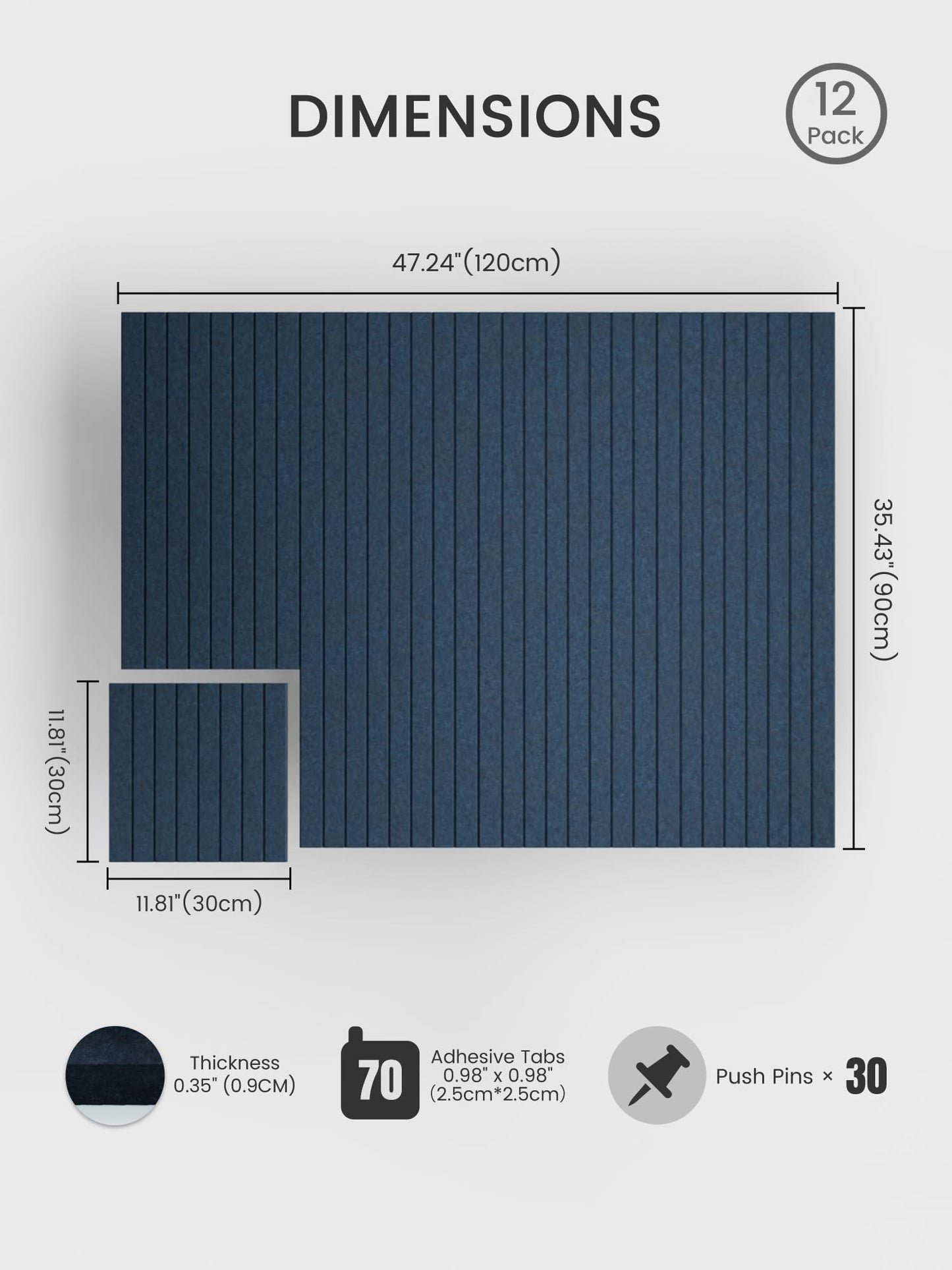 Bumusty Large Cork Board Alternative-48 x 36" Felt Bulletin Board Tiles, with 30 Pushpins, 70 Adhesive Tabs, Fine-Stripe 12-Pack, Cork Boards for Office Push Pin Board Felt Board-Navy Blue
