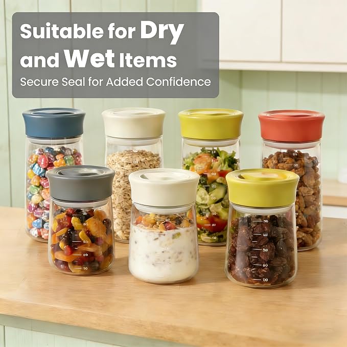 LAKUMIQI Overnight Oats Containers with Lids, 17oz Glass Jars with Airtight Lids, One-Hand 90° Twist-Off Wide Mouth Food Storage for Coffee Bean, Chia Pudding, Meal Prep, Pantry, Blue