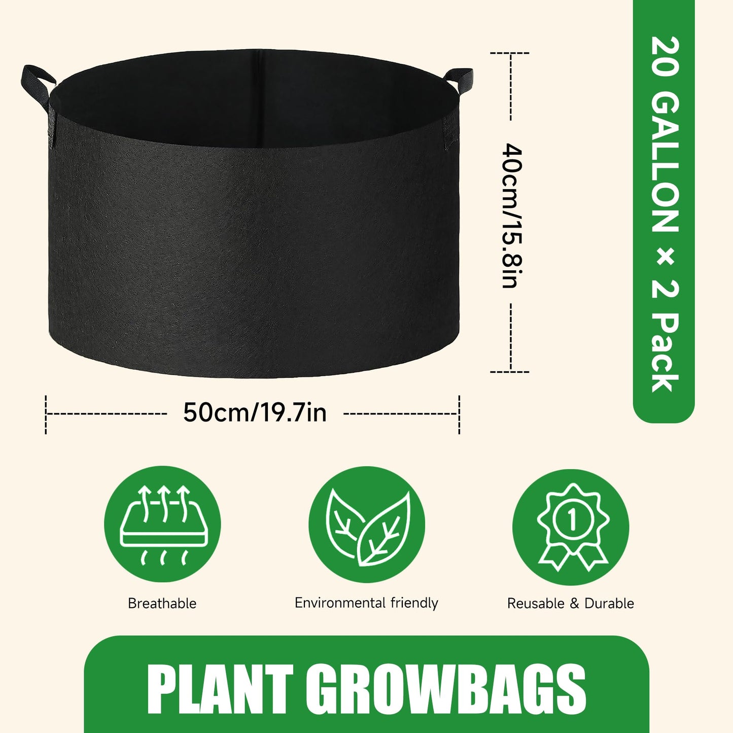 FVOTNW 2-Pack 20 Gallon Fabric Grow Bags with Handle, Heavy Duty 300G Thickened Nonwoven with Handles and Reusable, Suitable for Garden Vegetables,Fruits and Flowers(Black)