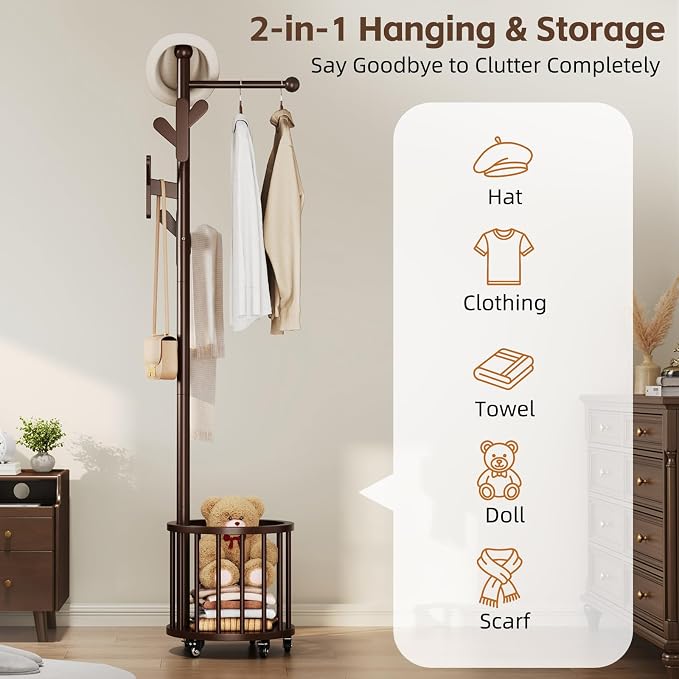 Uniclinens Freestanding Wooden Coat Rack with Umbrella Holder，Dark Walnut Coat Rack with Hooks, Space-Saving Entryway Organizer for Hanging Clothes and Storing Towels, Bedroom, Living Room