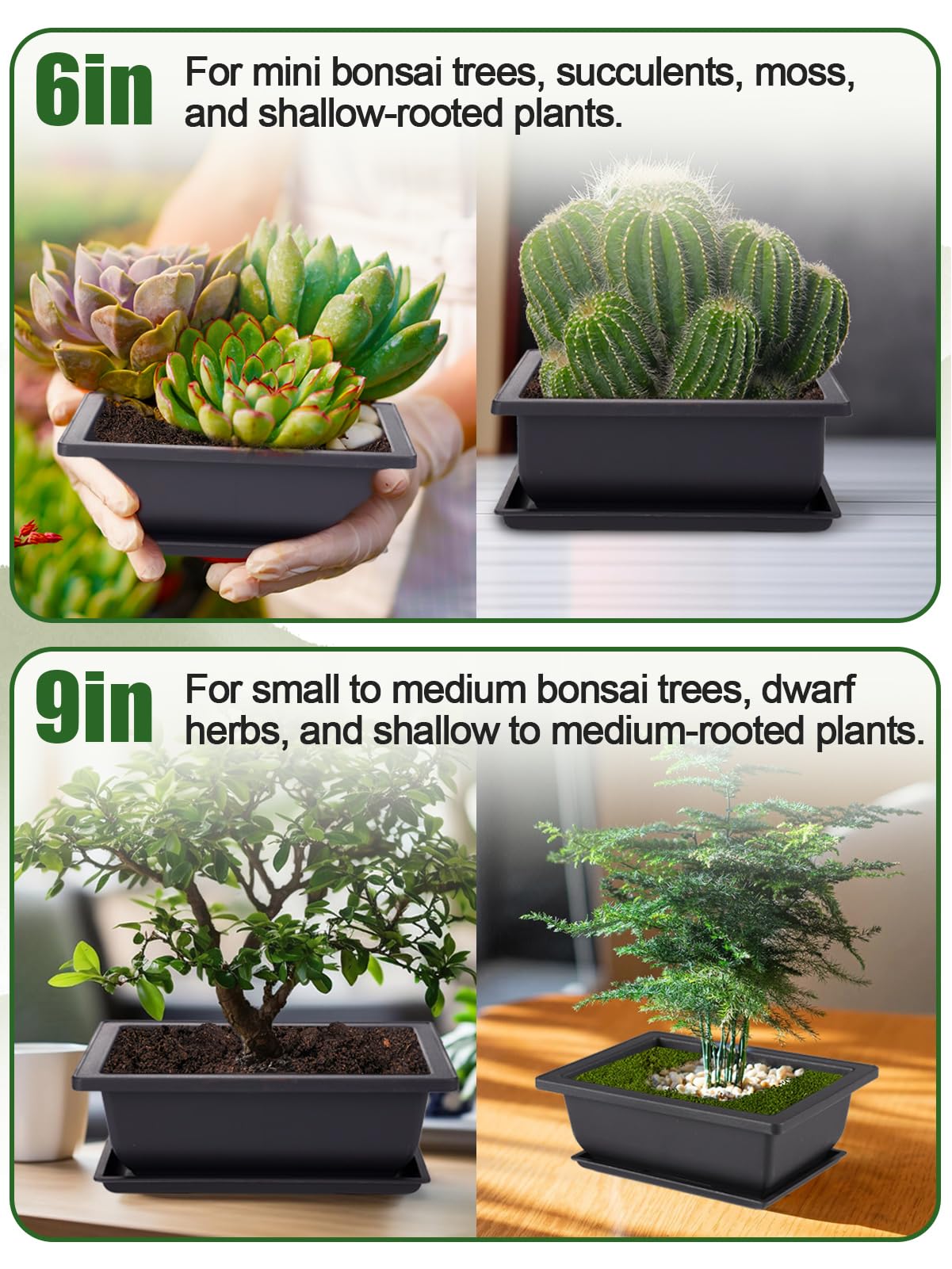 PAMASE 8 Packs Bonsai Training Pot with Humidity Tray - 6.5in & 9in Training Nursery Pots Kit, Plastic Plants Growing Planter with Drainage Tray, Indoor Succulents Decor Garden